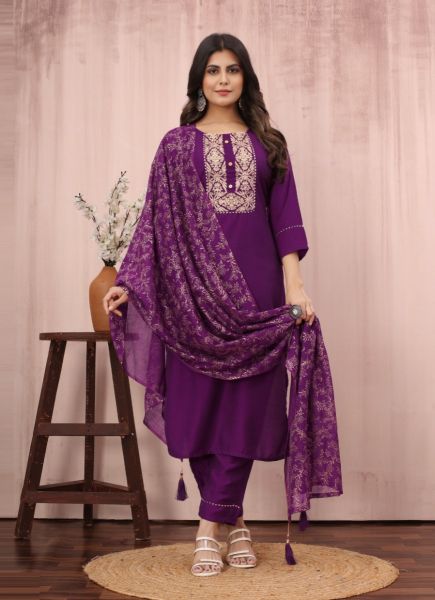 Purple Chinon Foil-Printed Festive-Wear Pant-Bottom Readymade Salwar Kameez