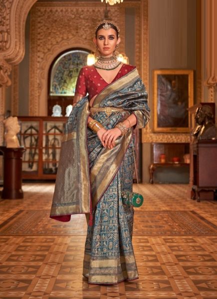 Sea Blue Banarasi Silk Embroidered Saree For Traditional / Religious Occasions