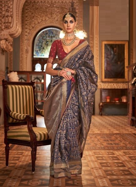 Navy Blue Banarasi Silk Embroidered Saree For Traditional / Religious Occasions