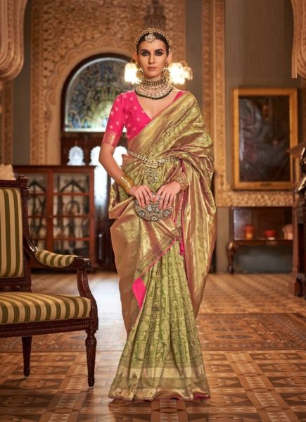 Light Green Banarasi Silk Embroidered Saree For Traditional / Religious Occasions