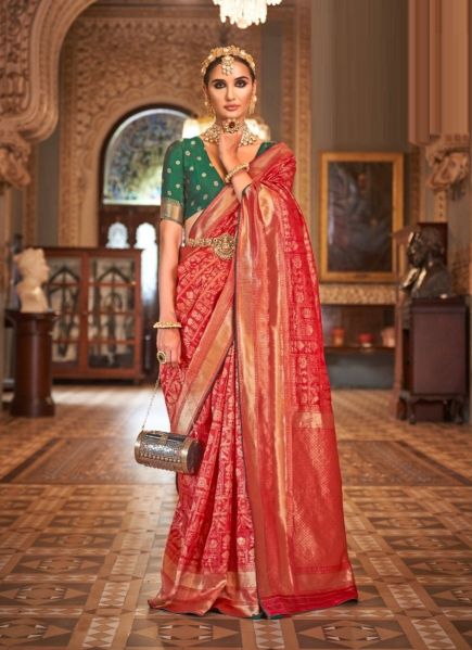 Red Banarasi Silk Embroidered Saree For Traditional / Religious Occasions