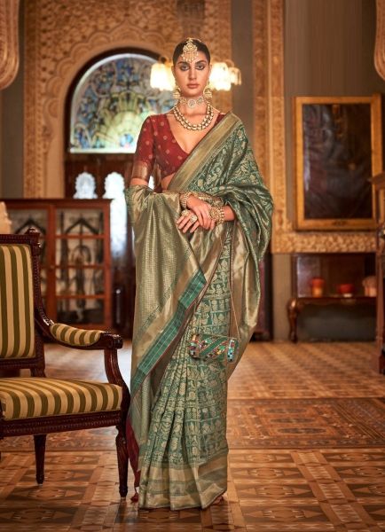 Teal Green Banarasi Silk Embroidered Saree For Traditional / Religious Occasions