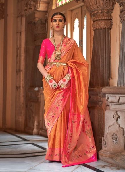 Orange & Magenta Weaving Festive-Wear Paithani Silk Saree