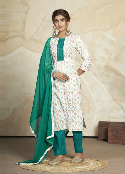 White & Teal Green Cotton Blend Printed Office-Wear Pant-Bottom Readymade Salwar Kameez