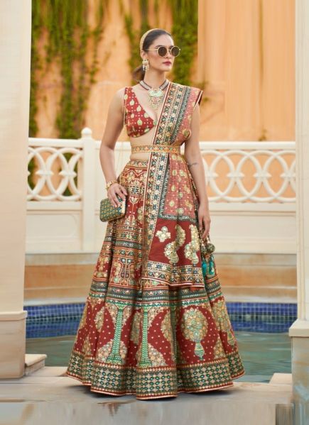 Copper Brown Rajwadi Silk Printed Wedding-Wear Stylish Lehenga Choli With Belt