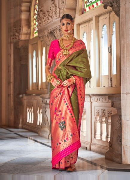 Olive Green & Magenta Weaving Festive-Wear Paithani Silk Saree