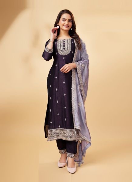 Dark Violet Vichitra Woven Silk Straight-Cut Salwar Kameez For Traditional / Religious Occasions