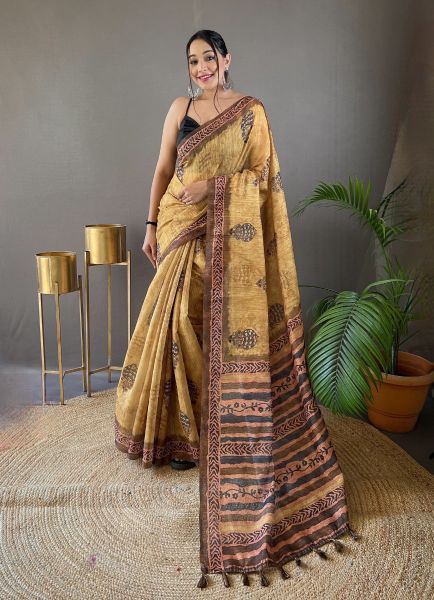Mustard Yellow Cotton Tussar Silk Printed Saree For Traditional / Religious Occasions