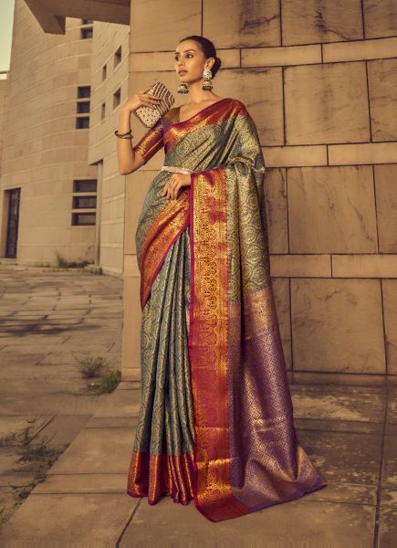 Sage Green Weaving Festive-Wear Banarasi Silk Saree