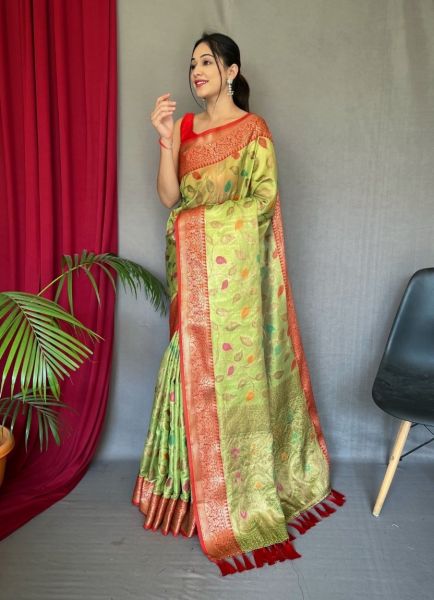 Light Olive Green Tissue Silk Zari Weaving Festive-Wear Saree