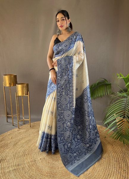 White & Blue Woven Tusser Silk Saree For Traditional / Religious Occasions