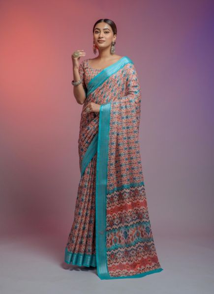 Multicolor Linen-Cotton Digital Printed Saree With Zari Border