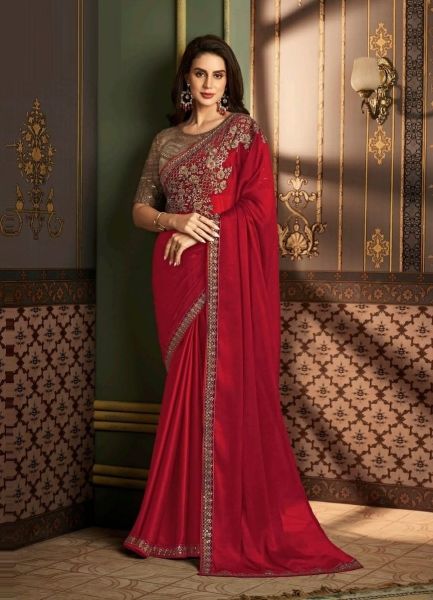 Red Silk Embroidered Festive-Wear Saree With Contrast Blouse
