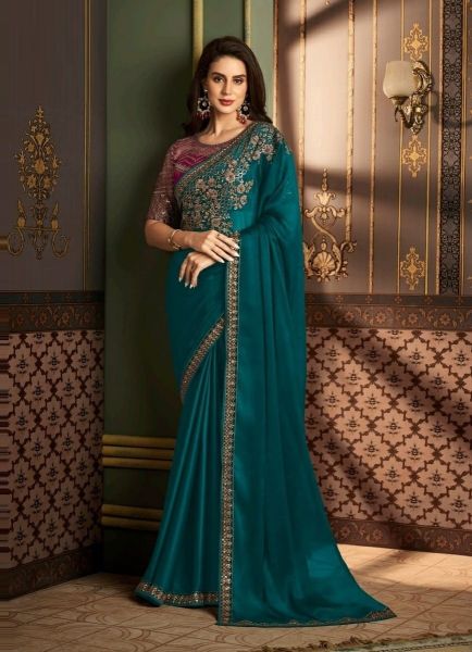 Teal Blue Silk Embroidered Festive-Wear Saree With Contrast Blouse