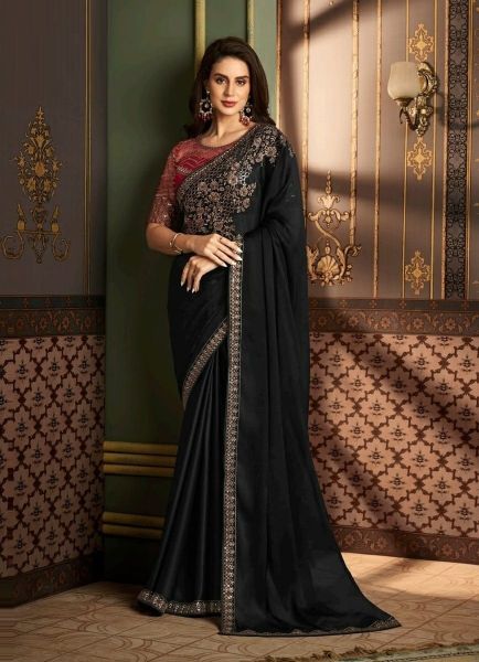 Black Silk Embroidered Festive-Wear Saree With Contrast Blouse