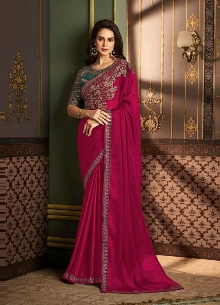 Magenta Silk Embroidered Festive-Wear Saree With Contrast Blouse