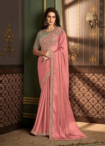 Salmon Pink Silk Embroidered Party-Wear Saree With Contrast Blouse