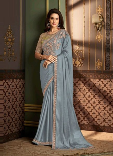 Steel Blue Silk Embroidered Party-Wear Saree With Contrast Blouse
