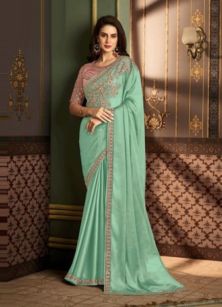 Mint Green Silk Embroidered Party-Wear Saree With Contrast Blouse