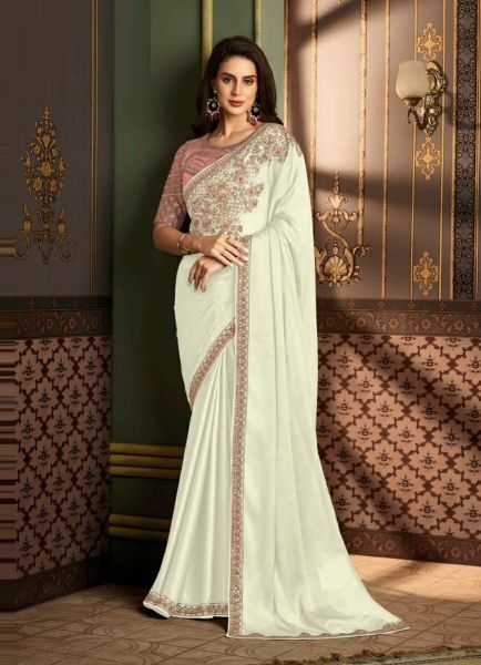White Silk Embroidered Party-Wear Saree With Contrast Blouse