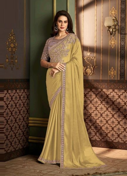 Creamy Yellow Silk Embroidered Party-Wear Saree With Contrast Blouse