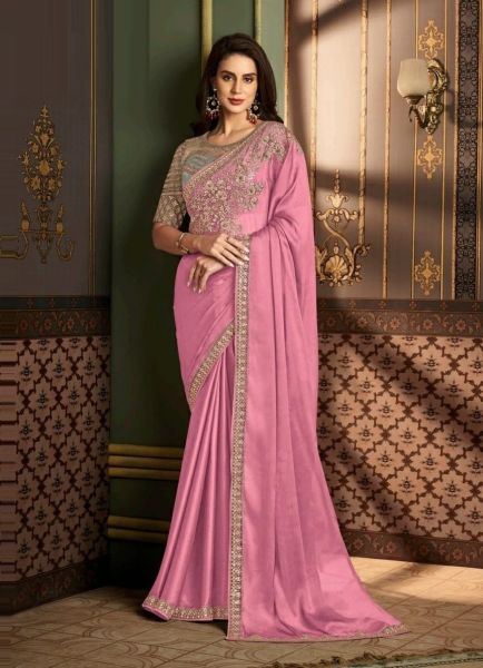 Pink Silk Embroidered Party-Wear Saree With Contrast Blouse