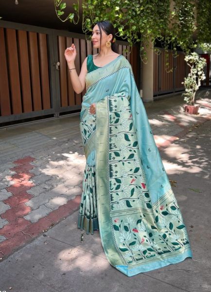Light Blue Banarasi Silk Weaving Festive-Wear Saree