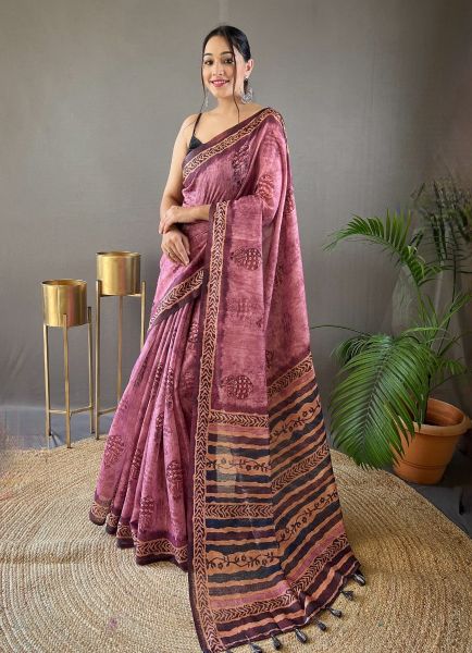 Dark Pink Cotton Tussar Silk Printed Saree For Traditional / Religious Occasions