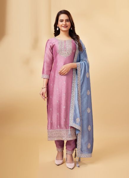Pink Vichitra Woven Silk Straight-Cut Salwar Kameez For Traditional / Religious Occasions