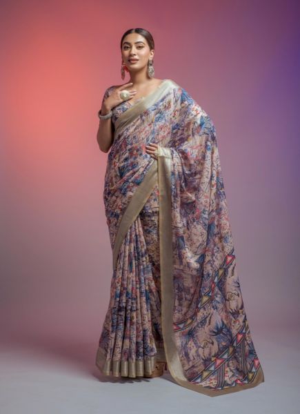 Multicolor Linen-Cotton Digital Printed Saree With Zari Border