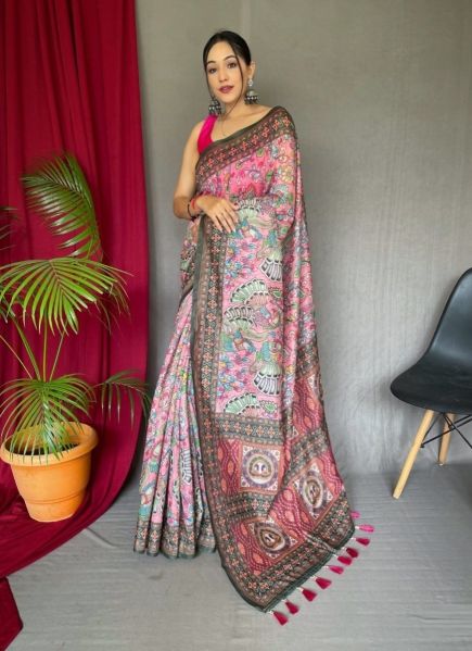 Pink Cotton Digital Printed Festive-Wear Kalamkari Saree