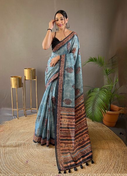 Light Blue Cotton Tussar Silk Printed Saree For Traditional / Religious Occasions