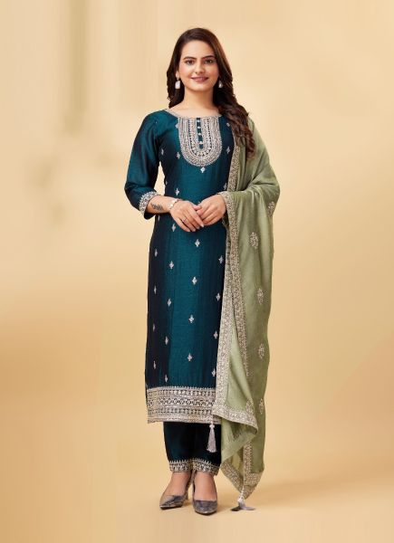 Sea Blue Vichitra Woven Silk Straight-Cut Salwar Kameez For Traditional / Religious Occasions