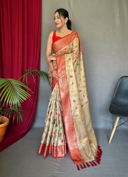 Beige Tissue Silk Zari Weaving Festive-Wear Saree
