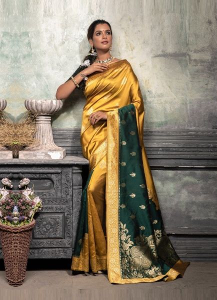 Golden & Green Banarasi Weaving Jari Silk Saree For Traditional / Religious Occasions