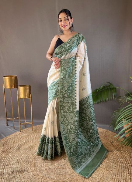White & Green Woven Tusser Silk Saree For Traditional / Religious Occasions
