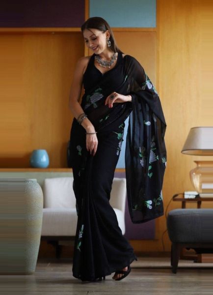 Black Georgette Floral Digitally Printed Saree For Kitty Parties