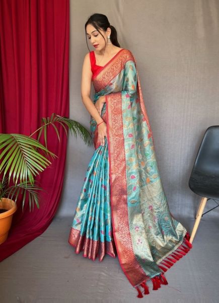 Sky Blue Tissue Silk Zari Weaving Festive-Wear Saree