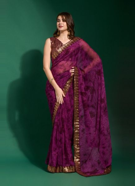 Purple Chiffon Digitally Printed Festive-Wear Sequins-Work Saree