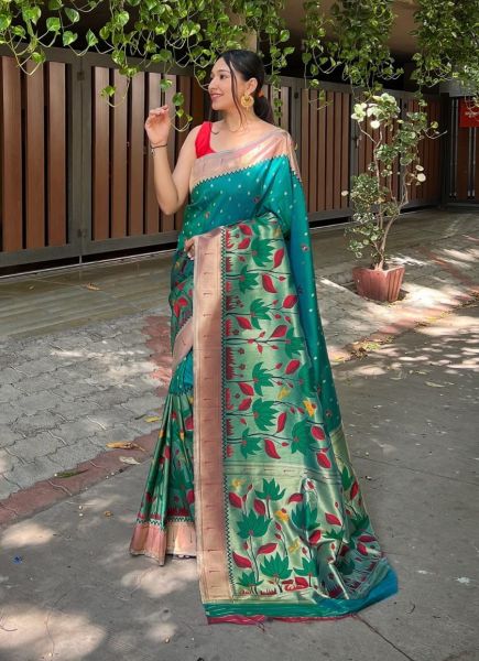 Teal Green Banarasi Silk Weaving Festive-Wear Saree