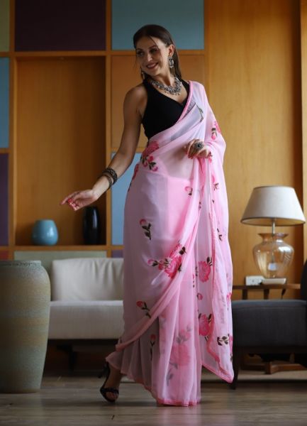Pink Georgette Floral Digitally Printed Saree For Kitty Parties