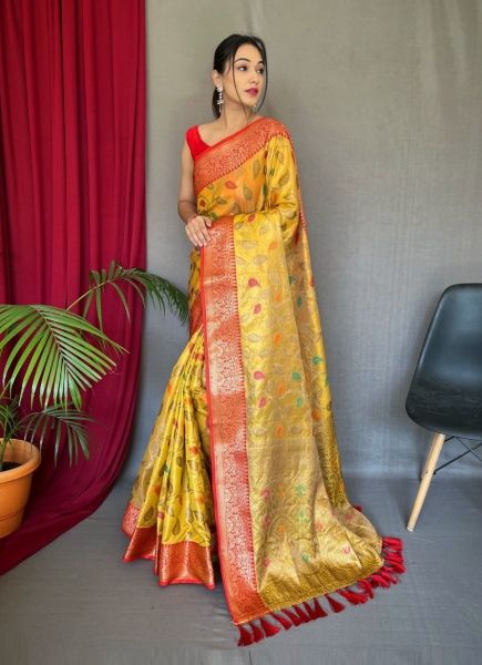 Yellow Tissue Silk Zari Weaving Festive-Wear Saree
