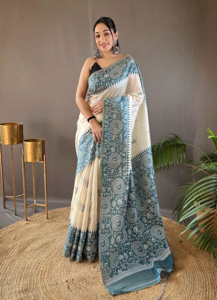 White & Steel Blue Woven Tusser Silk Saree For Traditional / Religious Occasions