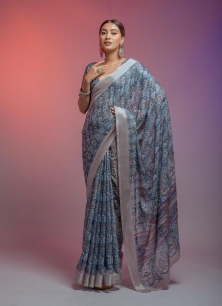 Steel Blue Linen-Cotton Digital Printed Saree With Zari Border