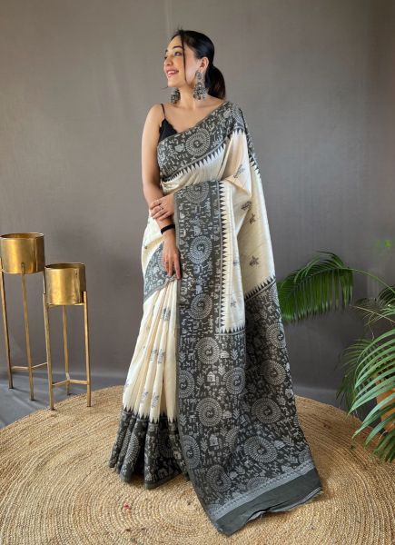 White & Black Woven Tusser Silk Saree For Traditional / Religious Occasions