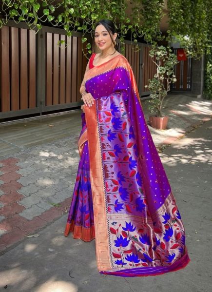Violet Banarasi Silk Weaving Festive-Wear Saree