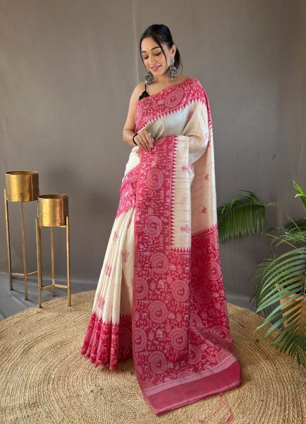 White & Crimson Red Woven Tusser Silk Saree For Traditional / Religious Occasions