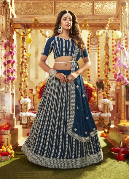 Sea Blue Georgette With Embroidery & Sequence Wedding-Wear Stylish Lehenga Choli (With Can-Can)