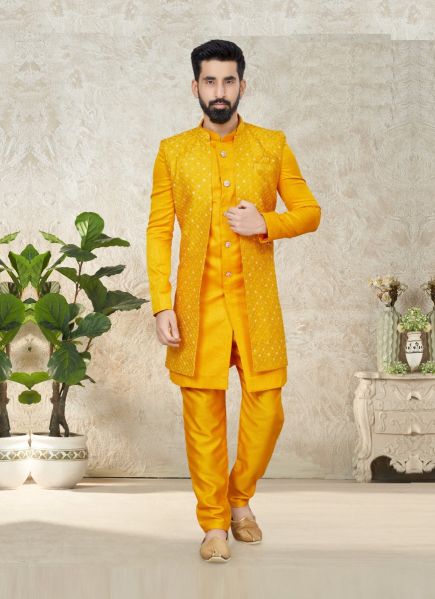 Orange Art Silk Weaving Wedding-Wear Readymade Kurta & Pyjama With Jacket
