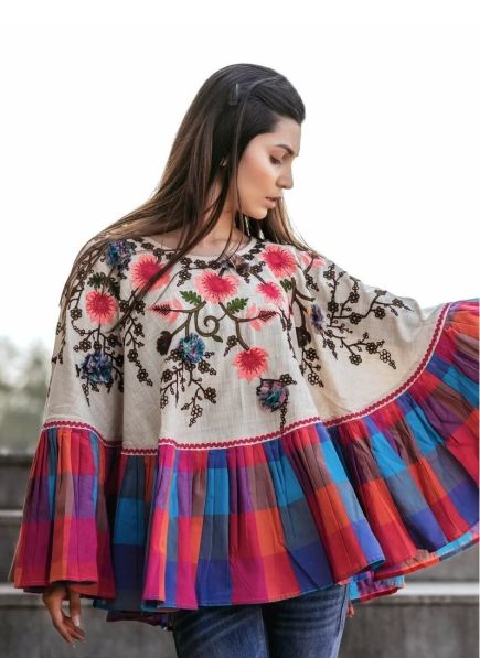 Multicolor Khadi Cotton Thread-Work Resort-Wear Poncho